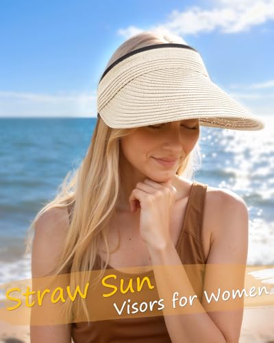 Sun Visor Hats for Women, Summer Straw Beach Ponytail Hat - color: Dark Beige