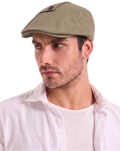 ZLYC Men Cotton Flat Cap Summer Scally Newsboy Beret Driver Hat - color: Button Decor Khaki