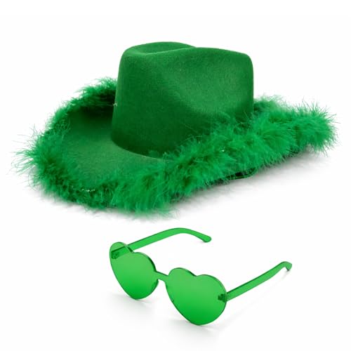 4E's Novelty Cowboy Hat with feathers With Heart Shaped Sunglasses for Women, Felt Cowgirl Hat for Party Costume Dress Up - color: Green