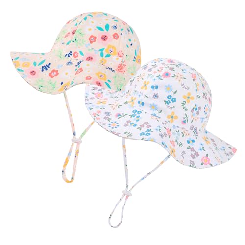 Baby Girl Sun Hat Toddler Beach Hats with UPF 50+ Protective Infant Summer Hat with Wide Brim Baby Girls Bucket Hat - color: Pink Flower + White Flower, size: 0-6 Months