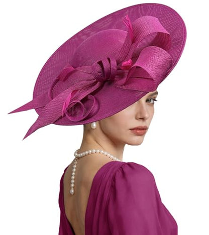 Kgromfy Fascinator Hat Women Wide Brim Tea Party Headband Elegant Church Hat Large Lady Headwear for Derby Wedding Cocktail - color: Rose Red