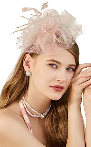 Fascinators Hat for Women Tea Party Headband Kentucky Derby Wedding Flower Cocktail Mesh Feathers Hair Clip - color: 1-a-blush Pink