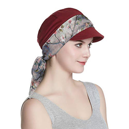 Alnorm Breathable Cotton Hat and Scarf Set Chemo Headwear for Women - color: Burgundy Plum Blossom