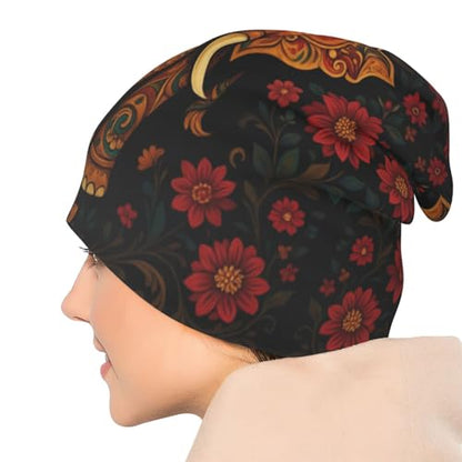 Slouchy Beanies Skull Caps for Women Men, Cool Running Hat Soft Night Caps for Sleeping Chemo Headwear - color: Black Golden Floral Elephant