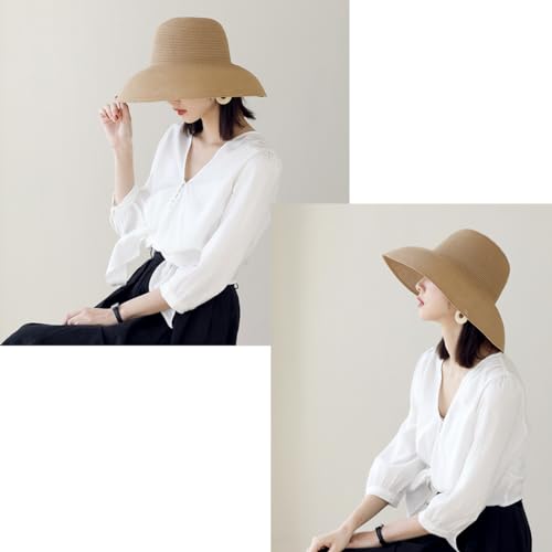 Women Floppy Sun Hat Wide Brim Straw Beach Cap UPF Straw Foldable Sun Hat for Summer - color: Khaki