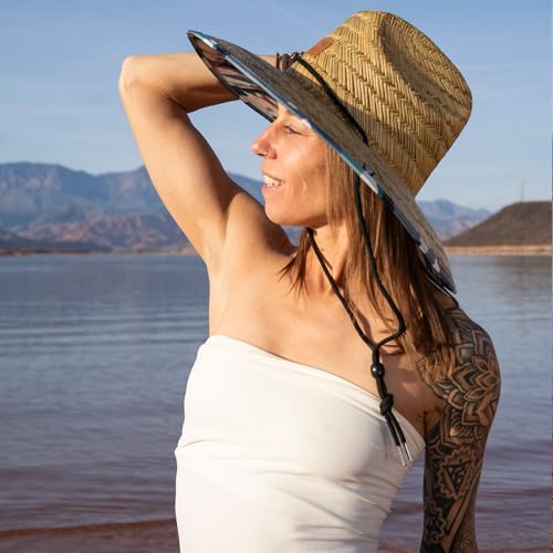 Women's Wide Brim Straw Sun Hat for Beach, Lifeguard Style, Hand-Woven Rush & Mat, Adjustable Chin Drawstring - color: The Nora