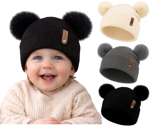 Toddler Winter Beanie Hats 3 Pack – Double Pom Pom Soft Knitted Hats for Baby Boys Girls 6–36 Months - color: Dark Grey+beige+black