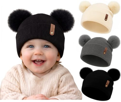 Toddler Winter Beanie Hats 3 Pack – Double Pom Pom Soft Knitted Hats for Baby Boys Girls 6–36 Months - color: Dark Grey+beige+black