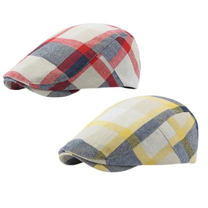 Men's Plaid Striped Newsboy Ivy Flat Driving Golf Cap - color: Redyellow