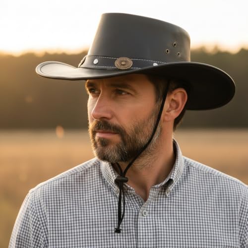 Equine Care Leather Cowboy Hat for Men & Women, Genuine Leather Western - color: Black – Concho Band, size: 7 1/4-7 3/8