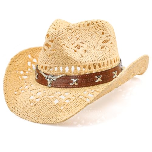 WQWOVRVO Cowboy Hat,Cowgirl Hat,Cowboy Hats for Women/Mens/Straw Wide with Shapeable Brim Cowboy Hat for Womens/White/Black. - color: Beige + Brown Big Bullhead