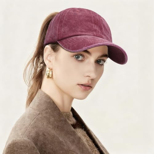 Women Washed Baseball Cap Vintage Blank Hat with Ponytail Hole - color: Wine Red