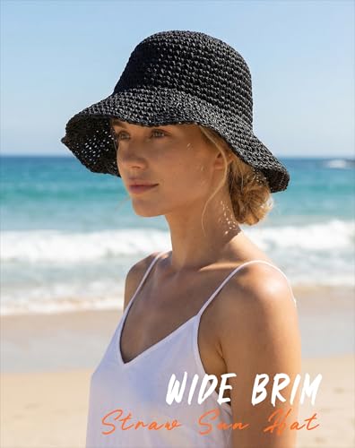 Straw Beach Hats for Women Summer Wide Brim Floppy Packable Foldable Bucket Sun Hat Travel Vacation UV Protection - color: Black