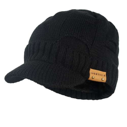 Winter Beanie with Visor - Stylish Knit Hat with Bill - Thick Brimmed Beanies with Fleece Lining Men and Women - color: B327-black