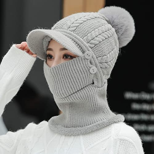 HUAMULAN Women Cable Knit Balaclavas Winter Fleece Lined Beanie Hat - color: Grey With Pompom