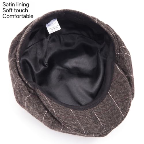 LADYBRO 8 Panel Newsboy Hats for Men Cap Irish Wool Blend Tweed, Adjustable - color: 005 Plaid Dark Brown, size: 7 3/4-8