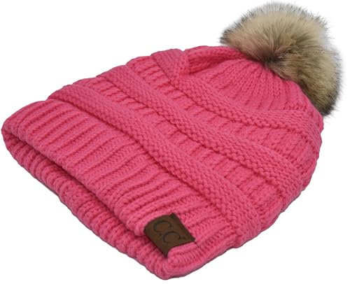 C.C Trendy Fuzzy Fleece Lined Warm Comfortable Soft Stretch Cable Knit Ribbed Faux Fur Pom Pom Beanie Hat - color: Candy Pink
