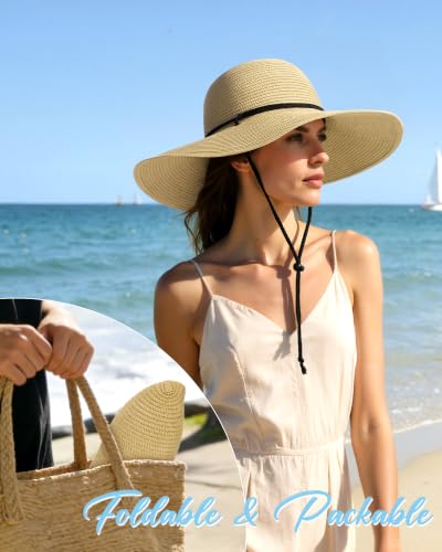 Sun Hats for Women, Summer Wide Brim Straw Beach Hat - color: Beige, size: X-Large