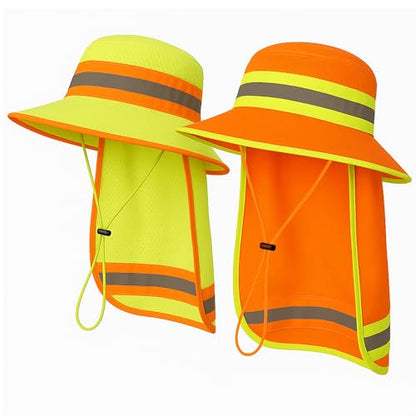 Men High Visibility Reflective Work Safety Sun Hat with Neck Flap Wide Brim Boonie UV Protection - color: 2pcs (Orange+lime)