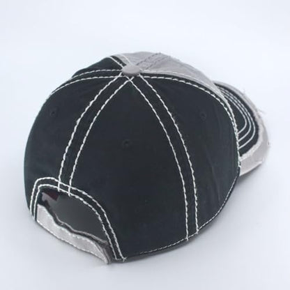 Washed Cotton Distressed with Heavy Stitching Adjustable Baseball Cap - color: Black/Gray/Black