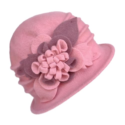 YING LAN Women Beret Hat Cloche Bucket Hat Vintage Floral Wool Classic Winter Hat 1920s - color: A-pink