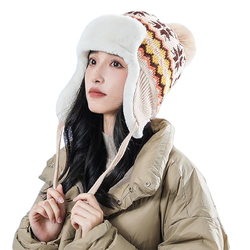 IPENNY Women's Winter Faux Fur Lined Trapper Hat, Warm Knitted Beanie with Pom Pom & Earflaps, Warm Ski Cap for Cold Weather - color: Beige