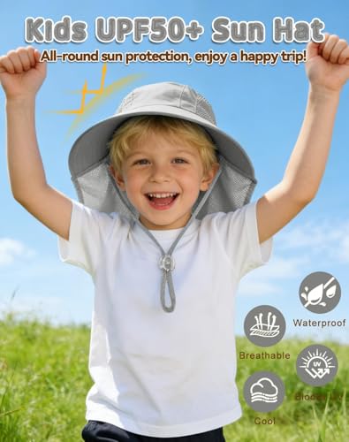 Rosoz Kids Sun Hat with Neck Flap UV Protection Summer Toddler Beach Hat Unisex Ponytail Hat Wide Brim Fishing Hat - color: 1pack-light Grey