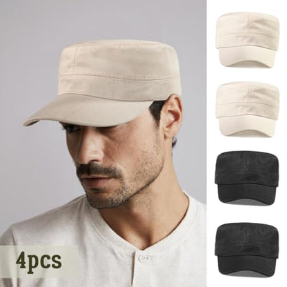Glamorstar Unisex Cadet Army Hats 4 Pieces Military Flat Top Newsboy Cap - color: 2 Beige + 2 Black