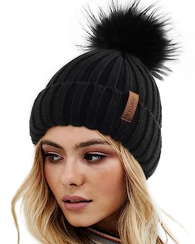FURTALK Womens Winter Knitted Beanie Hat with Faux Fur Pom Warm Knit Skull Cap Beanie for Women - color: Black With Black Pom