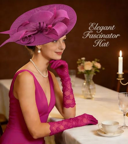 Kgromfy Fascinator Hat Women Wide Brim Tea Party Headband Elegant Church Hat Large Lady Headwear for Derby Wedding Cocktail - color: Rose Red