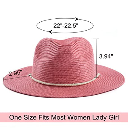 Women Straw Fedora Hat Summer Panama Beach Sun Hats UV UPF50+ Cap - color: Pink