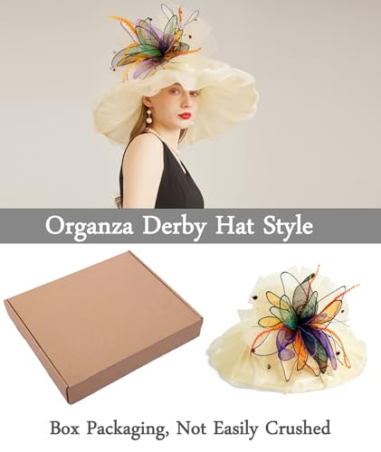 Women Derby Fascinator Hat Organza Church Wedding Hats Wide Brim Cocktail Tea Party Hat - color: 37apricot