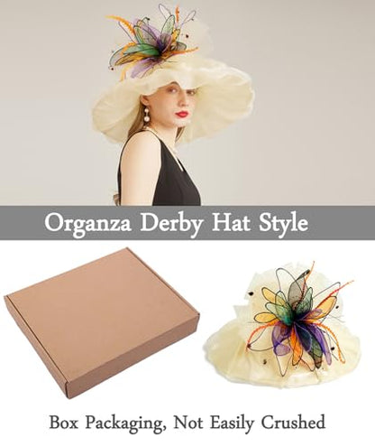 Women Derby Fascinator Hat Organza Church Wedding Hats Wide Brim Cocktail Tea Party Hat - color: 37apricot