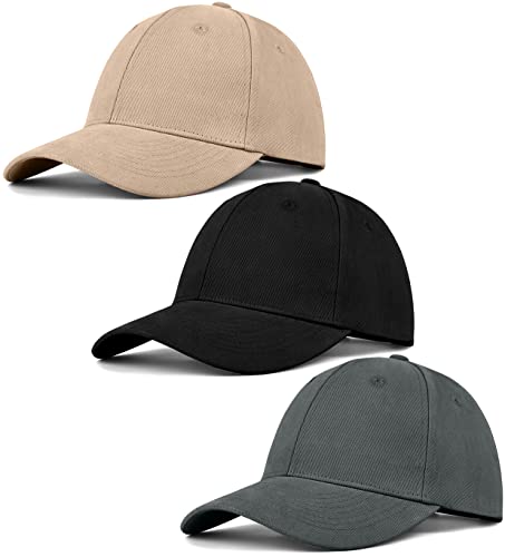 3 Pack Unisex Cotton Baseball Cap Adjustable Unconstructed Plain Sport Dad Golf Hat for Men and Women - color: Black+grey+khaki