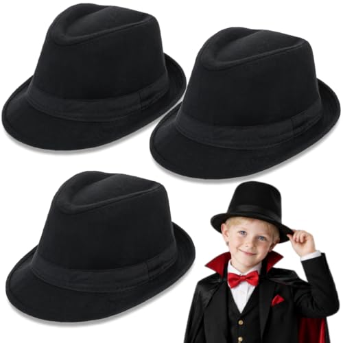 Pumtus 3 Pack Kid Fedora Hats, Small Black Trilby Gangster Hat, Short Brim Manhattan Cap, Felt Top Costume Hat, Dress Up Cuban Headwear for Cosplay, Stage Performance, Dance, Halloween (Size 6 3/4)