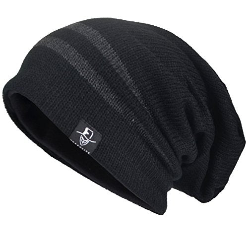 VECRY Mens Slouchy Beanie Knit Skull Cap Long Baggy Hip-hop Winter Summer Hat B305 - color: Stripe-black, size: Large