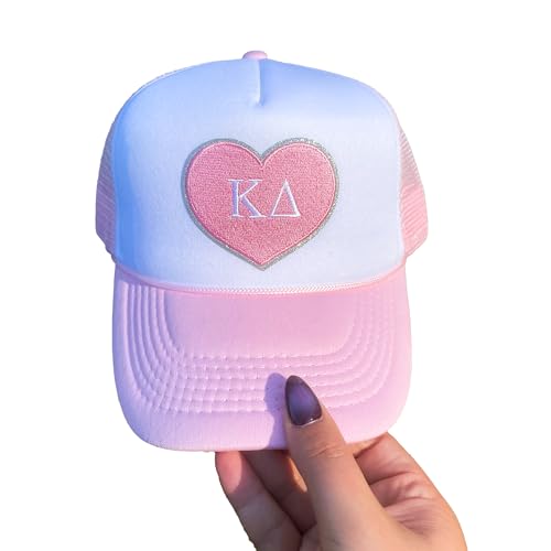 Go Greek Chic Sorority Letter Heart Patch Trucker Hat, Trendy Foam Front Cap with Mesh Back, Pink & White