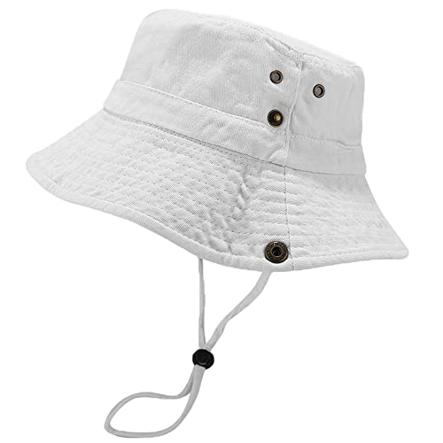Unisex Cotton Boonie Hat Summer Fishing Bucket Hat Sun Hat with String - color: Solid White