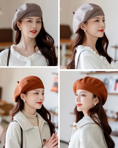 Women's Knitted Beret, French Style Double Layer Winter Autumn Warm and Soft Beanie Hat Cap - color: Camel