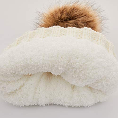 C.C Exclusives Fuzzy Lined Knit Fur Pom Beanie Hat (YJ-820) - color: Ivory