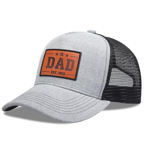 Dad EST.2026 Trucker Hat Baseball Cap for Men, Leather Patch Unique Dad Gifts Perfect Fathers Day Birthday Christmas - color: Grey