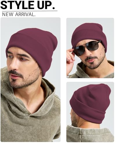 100% Cotton Beanie Lengthen Cuffed Beanies Knit Winter Hats Unisex - color: 1-wine Red