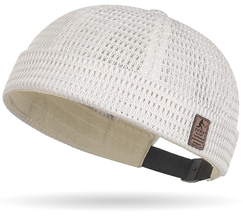Mens Mesh Brimless Cap with No Brim, Summer Docker Cap Beanie Hat Flip Sailor Skullcap Breathable - color: Beige(off White)