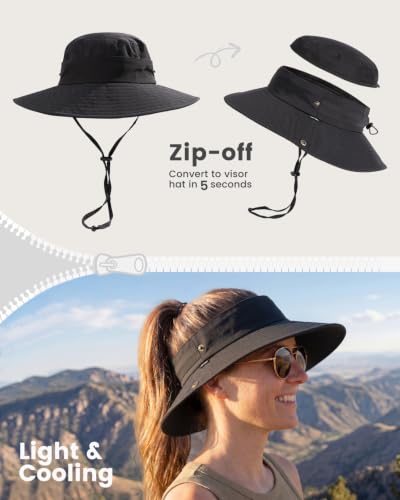 2-in-1 Womens Bucket Sun Hats, Sun Visor Hat, UPF 50+ Wide Brim, Ponytail-Friendly, Packable, Hiking Outdoor - color: Black