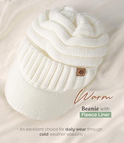Women Men Winter Beanie Hat with Visor, Warm Fleece Lined Beanie Cap, Thick Knit Cap Slouchy Hat with Brim - color: White