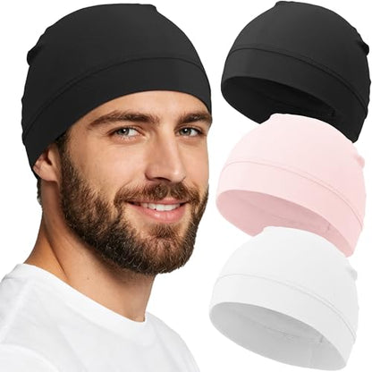 3-Pack 100% Cotton Skull Cap for Men Women Helmet Liner Caps - color: 3pcs-black,white,pink