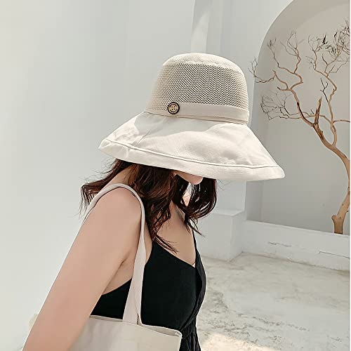 Women Wide Brim Sun Hats Metal Wired Edge Summer UV Protection Beach Fishing Hat for Hiking Garden Travel Chin Strap - color: B1-fyu001-beige, size: One Size