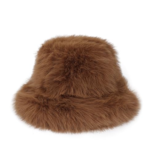 Women's Oversized Faux Fur Bucket Hat, Fluffy Plush Fuzzy Winter Warm Hat - color: Brown