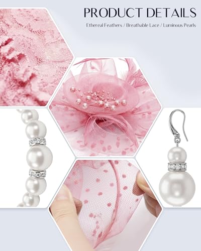 Fascinators Hat for Women Tea Party Fascinator Headband with Gloves Tea Party Accessories for Ladies - color: Pink