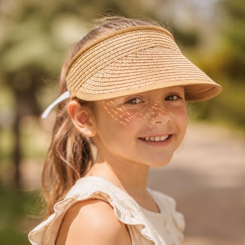 Straw Sun Visor Hat for Girls Boys Foldable Beach Hat for Kids Summer Travel Outdoor Khaki